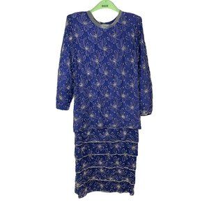 VNTG Judith Ann Plus Fully Beaded Blue Violet Flapper Style Tiered Lace Dress 2X